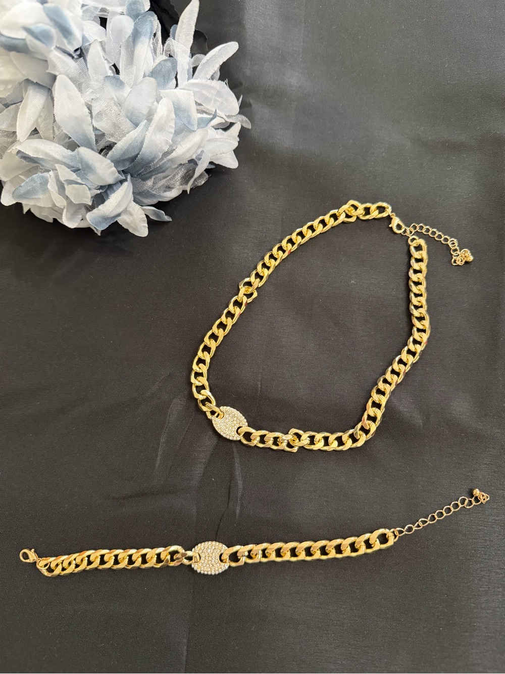 Gold Chain Necklace and Bracelet Set with Pave Accent